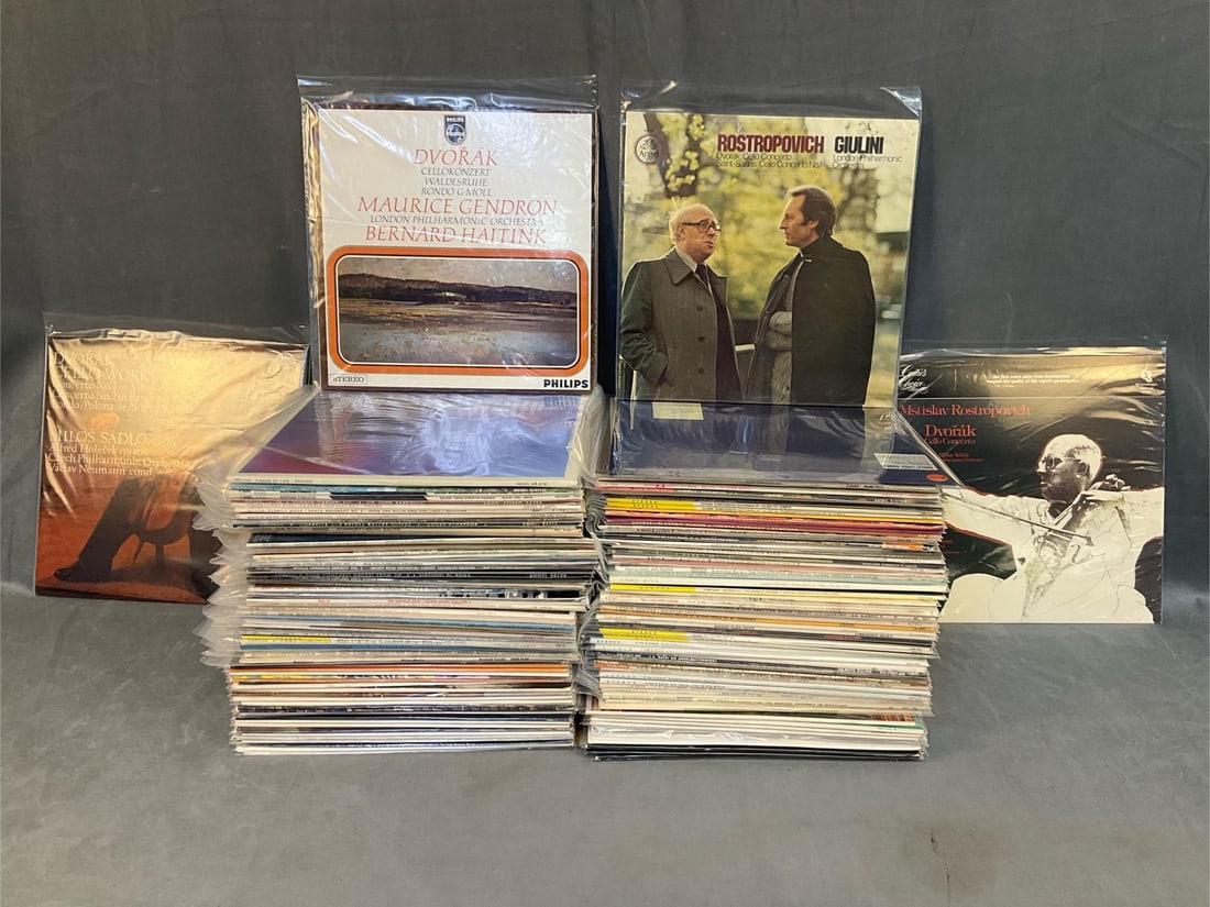 LP Records: Approximately one hundred and forty vintage (mostly 1960's - 1970's) collectible classical music albums featuring; multiple Dvorak albums, Bach, Barton, Chopin, and Debussy. Good condition, mostly in