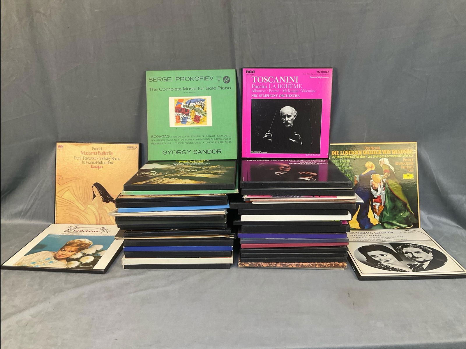 LP Records: Approximately forty vintage (mostly 1960's) collectible classical music boxed sets featuring; Lorin Maazel and the Cleveland Orchestra, Puccini, Beethoven, Carl Nielsen, and various opera. Good condit