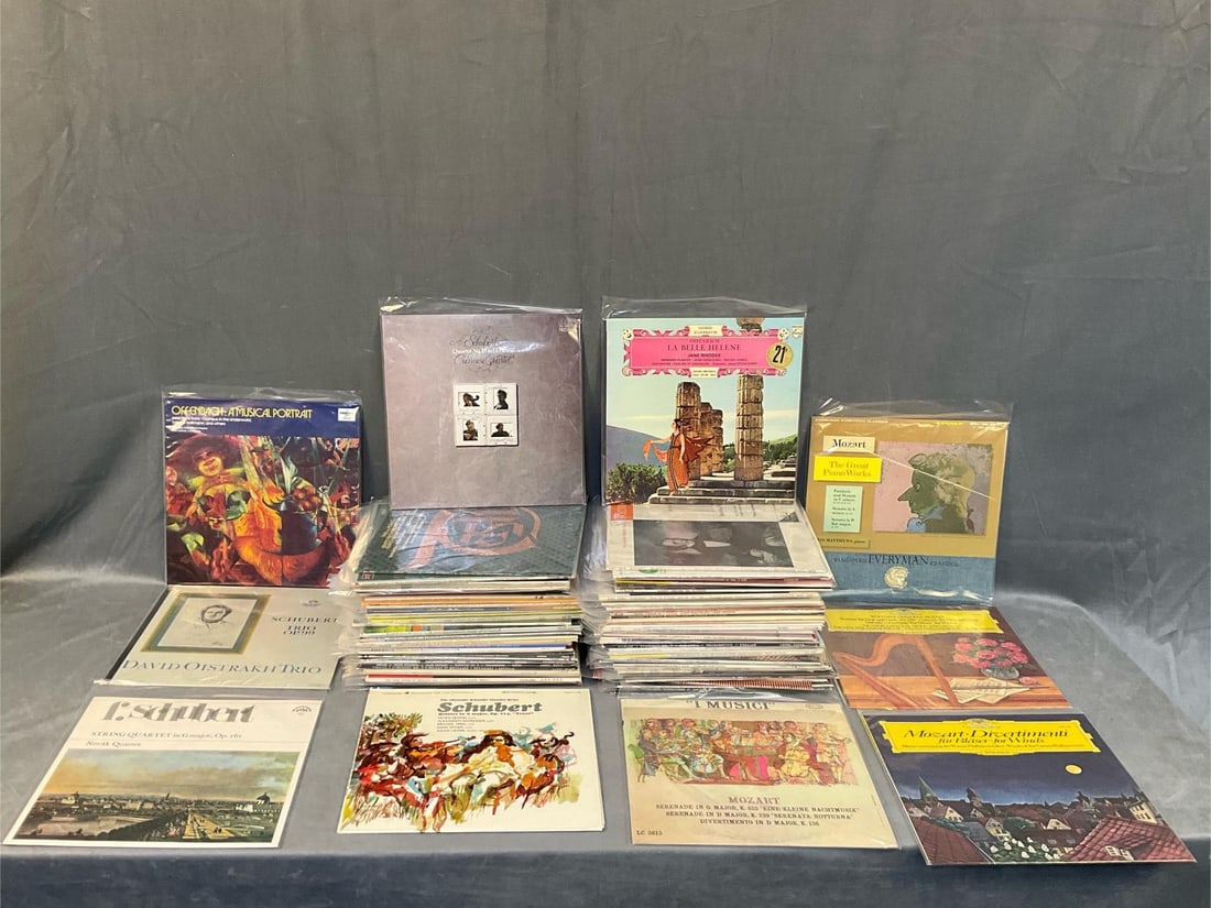 LP Records: Approximately one hundred vintage (mostly 1960's) collectible classical music albums featuring; Paganini, London Symphony, Carl Nielsen, Boston Pops, Mozart, and Sibelius. Good condition with most LPs