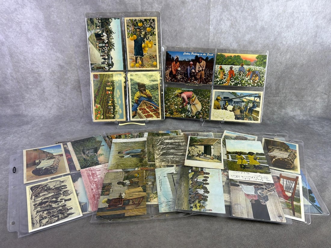 Black Americana Postcards: Over 50 antique and vintage black Americana postcards including portraits, occasional, and lifestyle. All in good condition with some circulated and non. Each card is in a protective sleeve. Cards