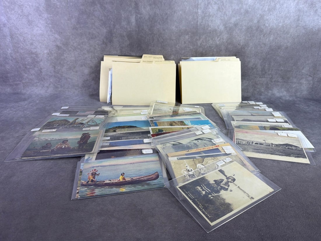 Western & Amerind Postcards: Approximately 250 postcards depicting the Amerind Indegious people, western scenes, cowboys and cowgirls. All in pocket sleeve protectors with some circulated and non. Most postcards measures 5.5