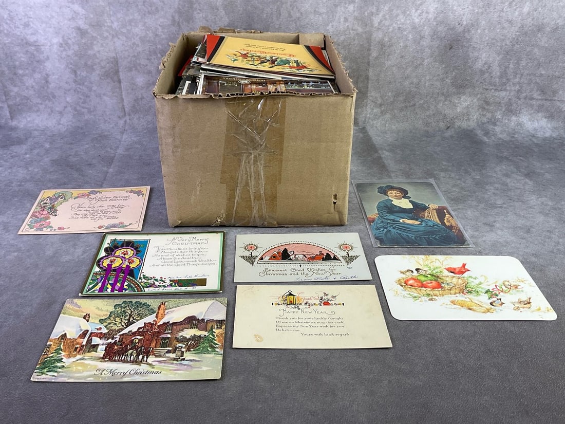 Approximately 500 Postcards: Includes Holiday, Greeting, tourist views, and more. Circulated and non, fair to good condition. Box measures 8.25 inches wide x 10 inches x 6.25 inches tall.