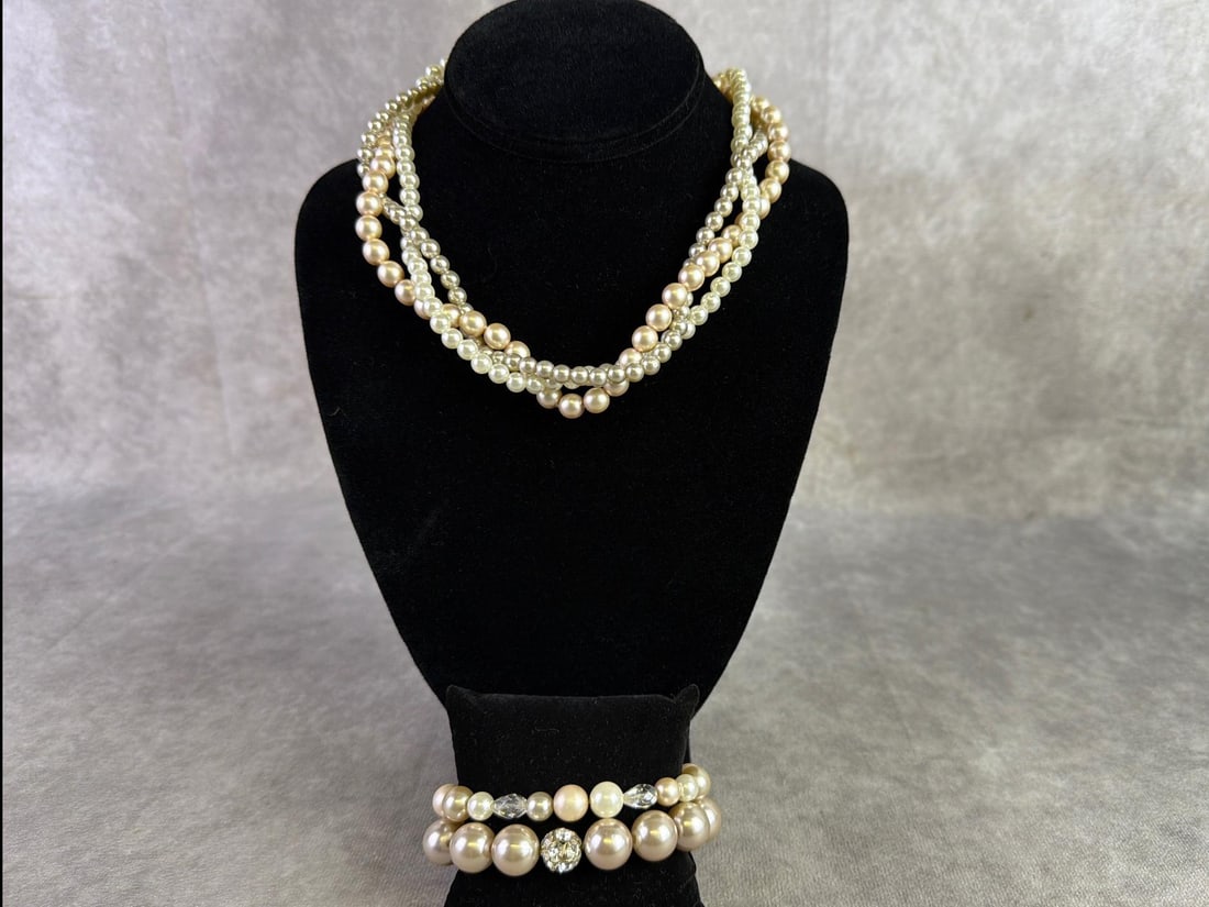 Sabika: Sabika necklace and bracelet featuring pearls and part of the 2009 winter pearls collection. In good condition and handmade in Austria and Germany. Necklace measures 16 inches.