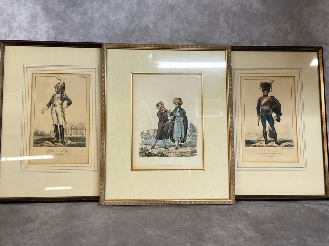 Antique Lithograph Prints: Three prints from early 1800s. Hand colored lithograph prints in ornate frame and matting. Includes "A Polish Jew", "French Dragoon Officer", and "French Light Artillery ". Pictures show a slight