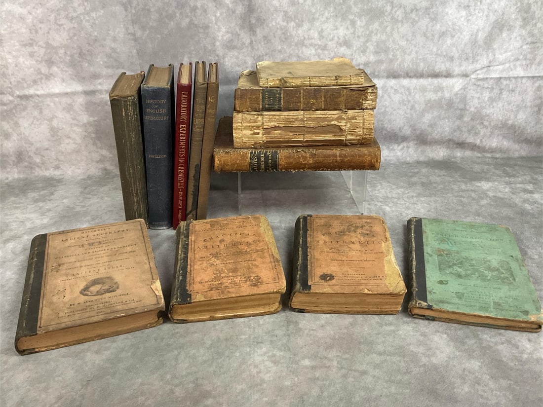 Antique School Books: Thirteen 1840s to 1934 books. Several student books that include Arithmetic, Geometry, Chemistry, Geography, and Geodesy. Also includes books on Physical and Vocal Training, a dictionary, and English