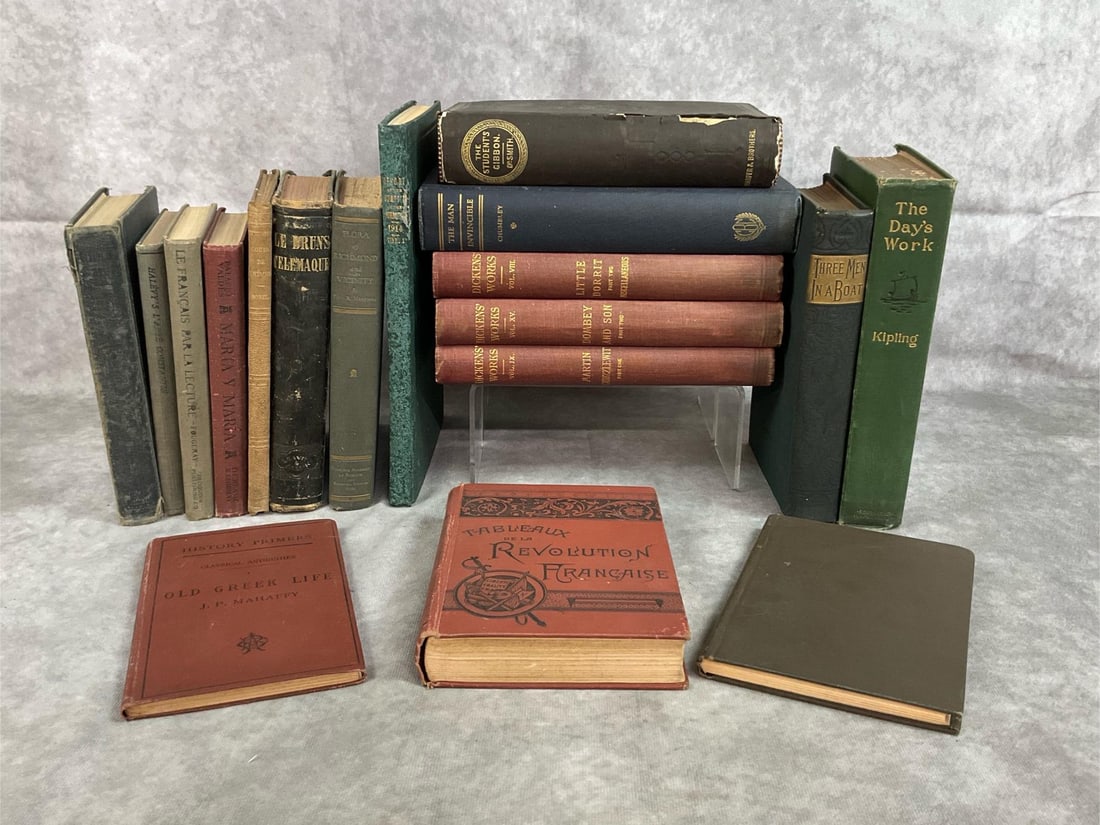 Literature, History, & French Books: Eighteen books from mid 1800s to early 1900s. Includes three Dickens Works, six books written in French, 1867 Decline and Fall of Roman Empire, Flora of Richmond and Vicinity, and the Student's
