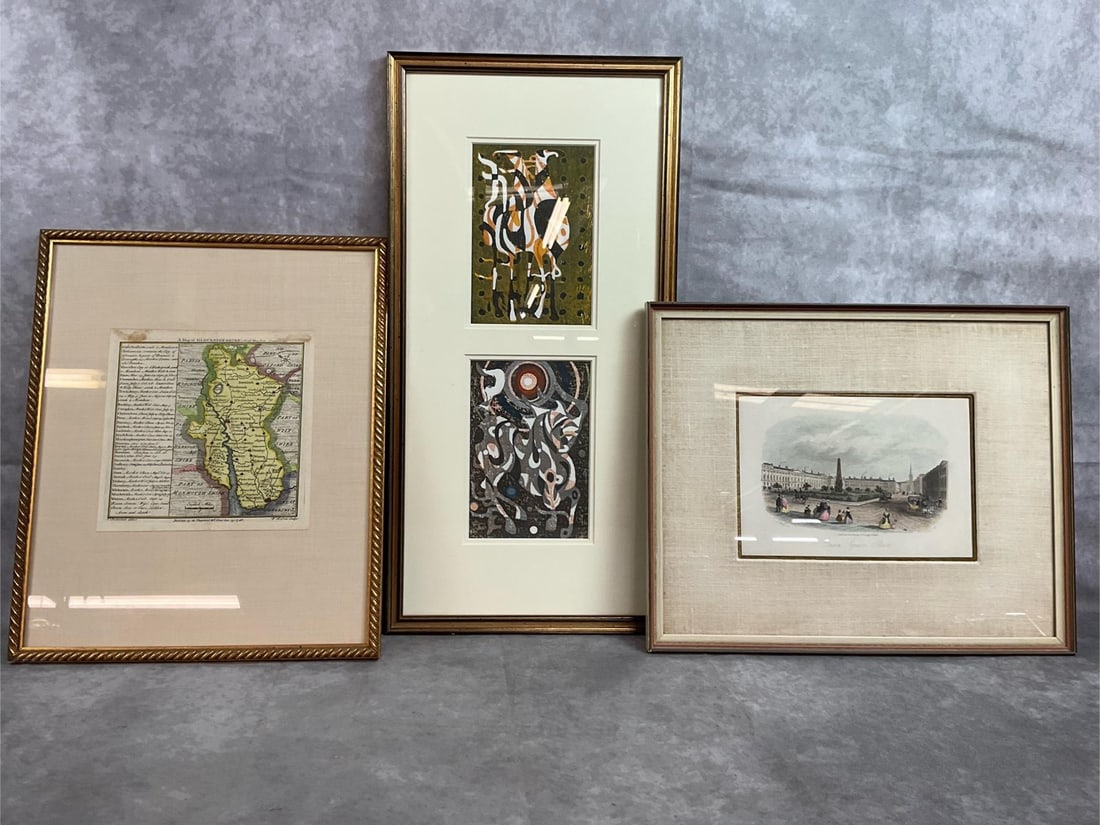 Japanese Art, Map of Gloucestershire, & Queen Square Bath Print: Double framed Japanese art by Tadashi Nakayama. Also hand colored map of Gloucestershire, England and Queen Square Bath of England. Map picture has some age discoloration, otherwise pictures are in