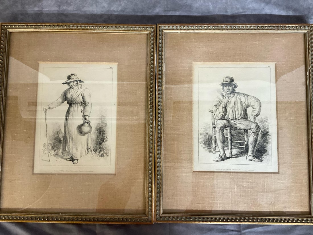 Antique Framed Prints: Original prints made in early 1800s. Includes drawing of "Lady with Ewer" and "The Old Vagabond ". Matted and in ornate wooden frame. In good condition. Each measures 15 inches wide x 1 x 18.75