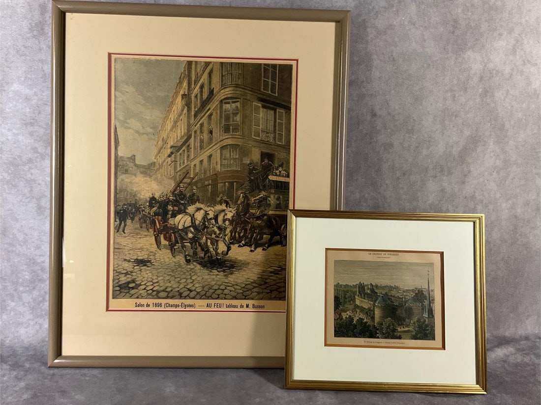 Antique French Prints: Two pictures from late 1800s. Salon de 1896 features a Paris horse drawn fire engine, originally in Le Petit Jornal newspaper. Also, lithograph print of Le Chateau De Fougeres in Brittany, France.