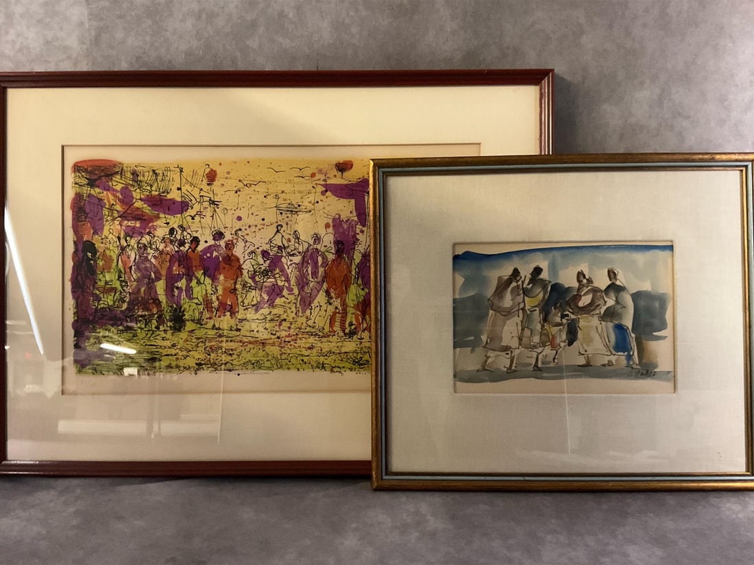 Abstract Paintings: Late century to modern paintings. Framed lithograph abstract street scene by Pascal Cucaro in vibrant purple and orange. Also water color "Untitled- Women Going to Market " by Jaime Oates. Both in