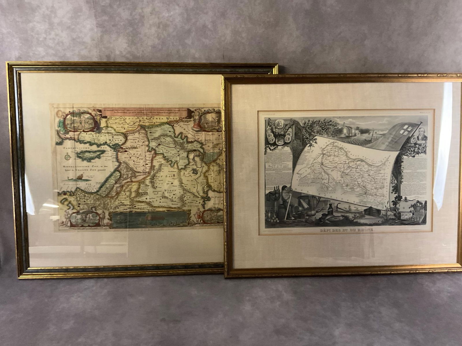 Antique French Maps: Two late 1800s to early 1900s maps. De Gelegenheydt Van't Paradyd en't Landt Canaan by Jakob and Hendrik, Keur 1748. Antique reproduction of 17th century Dutch Biblical Map, from Amsterdam. Second