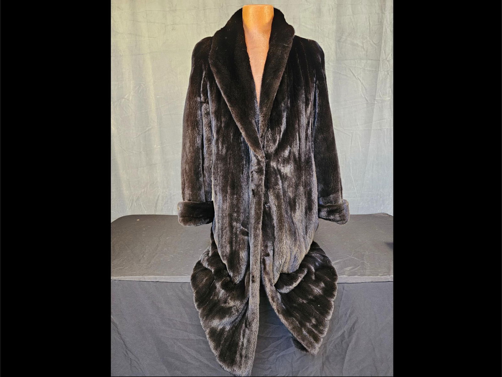 Mink Fur Coat: Vintage full length mink fur coat. Two exterior pockets, one hook and loop closure, interior belt. Good condition. No label or size.