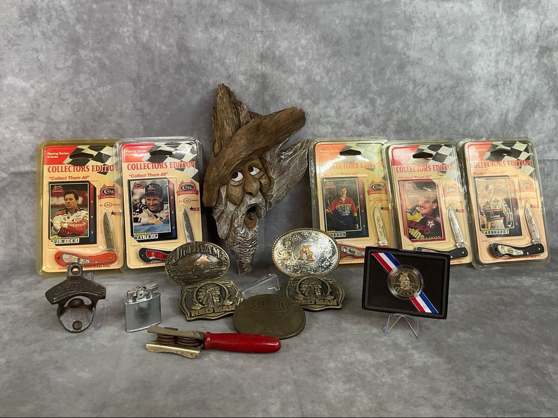 Collectible Knives, Belt Buckles, Wood Carving, & More: Fifteen mid to late century items. Five Racing Series knives, Collectors Edition in original packaging with cards included. Five Belt Buckles including Jim Beam, Red Man, Marlboro, and Rodeo. Wooden