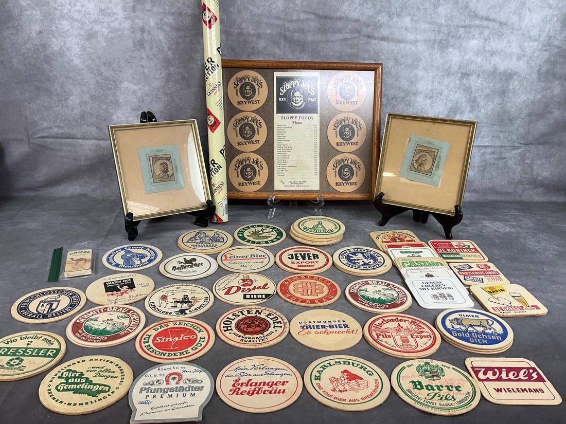 Collectible Bar Coasters, Menu, Pictures, & Poster: 1950's to late 1900's bar finds. Framed collection of Sloppy Joe's menu and coasters, forty-eight assorted German brewery coasters with hand written dates and comments. Includes two framed pictures