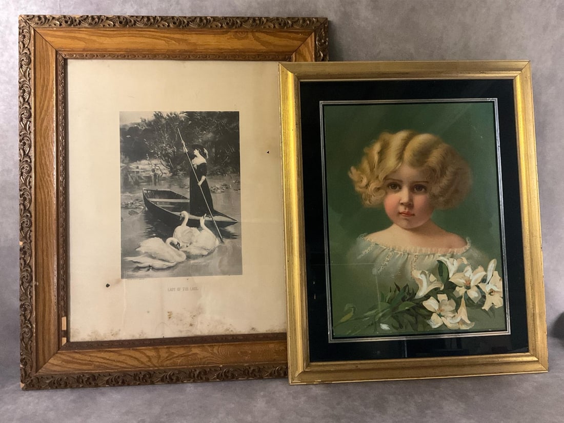 Lady of the Lake & Victorian Girl: Two late 1800s pictures. Print by S E Waller of "Lady of the Lake" and colored print of "Pretty Miss". Lady of the Lake is worn with age and has two tears. Matting for "Pretty Miss" has some color