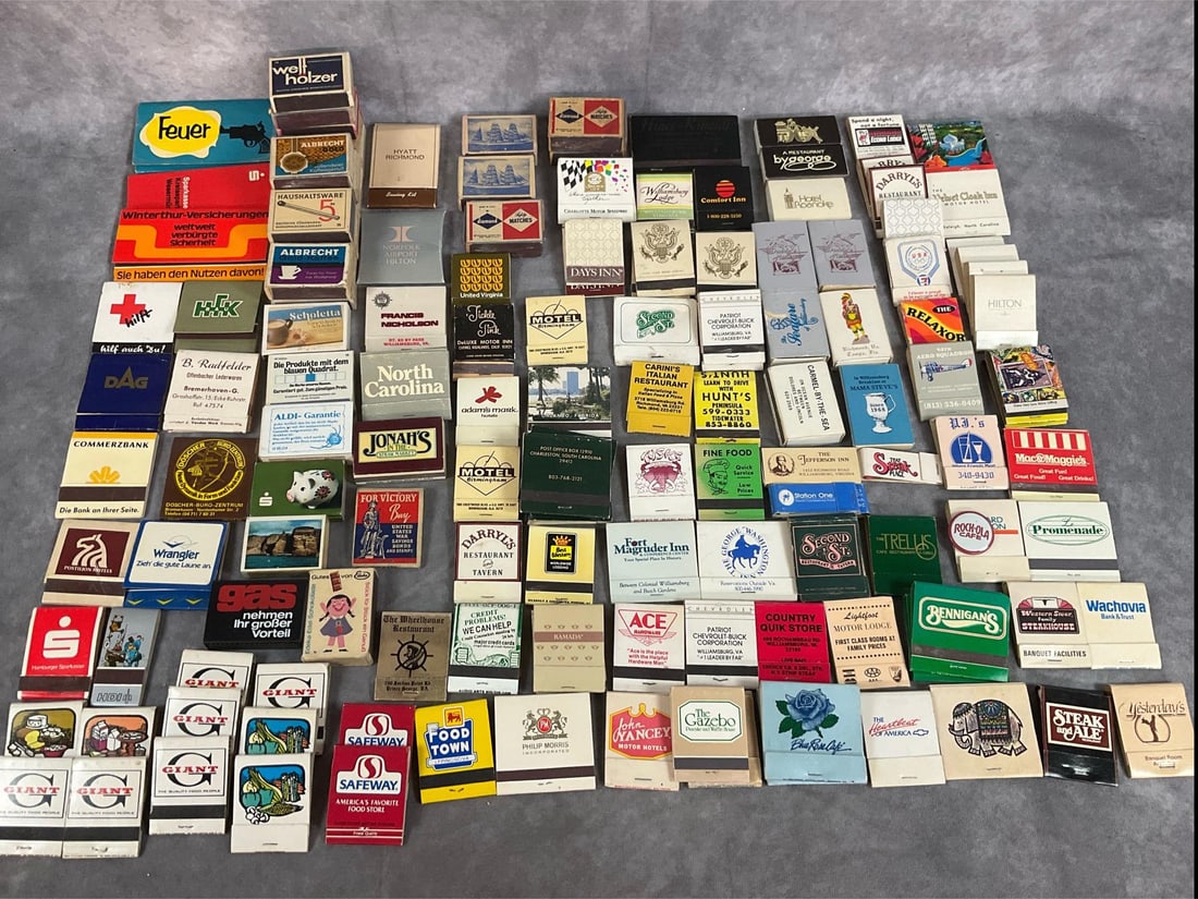 Collectible Matchboxes: One hundred and thirty vintage match boxes. Matches from Germany, restaurants, grocery, bars, and more. Feuer match box measures 4 inches wide x 2 inches tall.