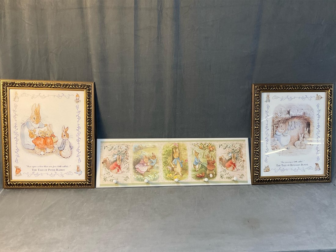 Bunny Art: Lot of three late 20th century collectible Bunny related items. One coat hanging peg (five pegs) board with wall paper Bunny Rabbit motif. Good condition with several areas of wear to the paper. One