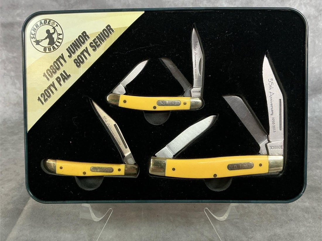 Schrade Knives: Twentieth Anniversary (1958-2013) set of three Schrader Old Timer folding knives with a black velvet lined tin case. One 1080TY Junior, one 120TY PAL, one 80TY Senior. Good condition. Senior folding