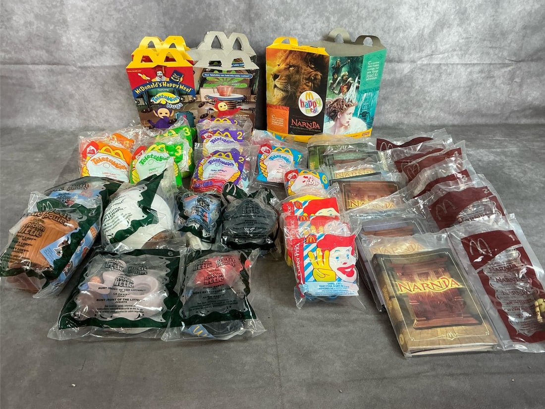 McDonald's Toys - Narnia, Teletubbies, & Chicken Little: Twenty-nine toys and four boxes from 1996 to 2005. Includes 11 Teletubbies, 7 Disney's Chicken Little, 8 Narnia, and 3 Fisher Price for kids under 3. Includes 4 boxes. McDonald's toys in original