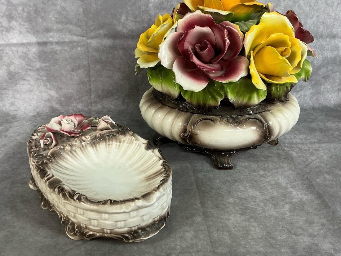 Capodimonte Centerpiece & Tray: Two mid century Italian porcelain pieces. Capodimonte hand painted roses in dish centerpiece and ashtray or trinket dish. A few roses have chipped edges and signs of crazing. Otherwise in good