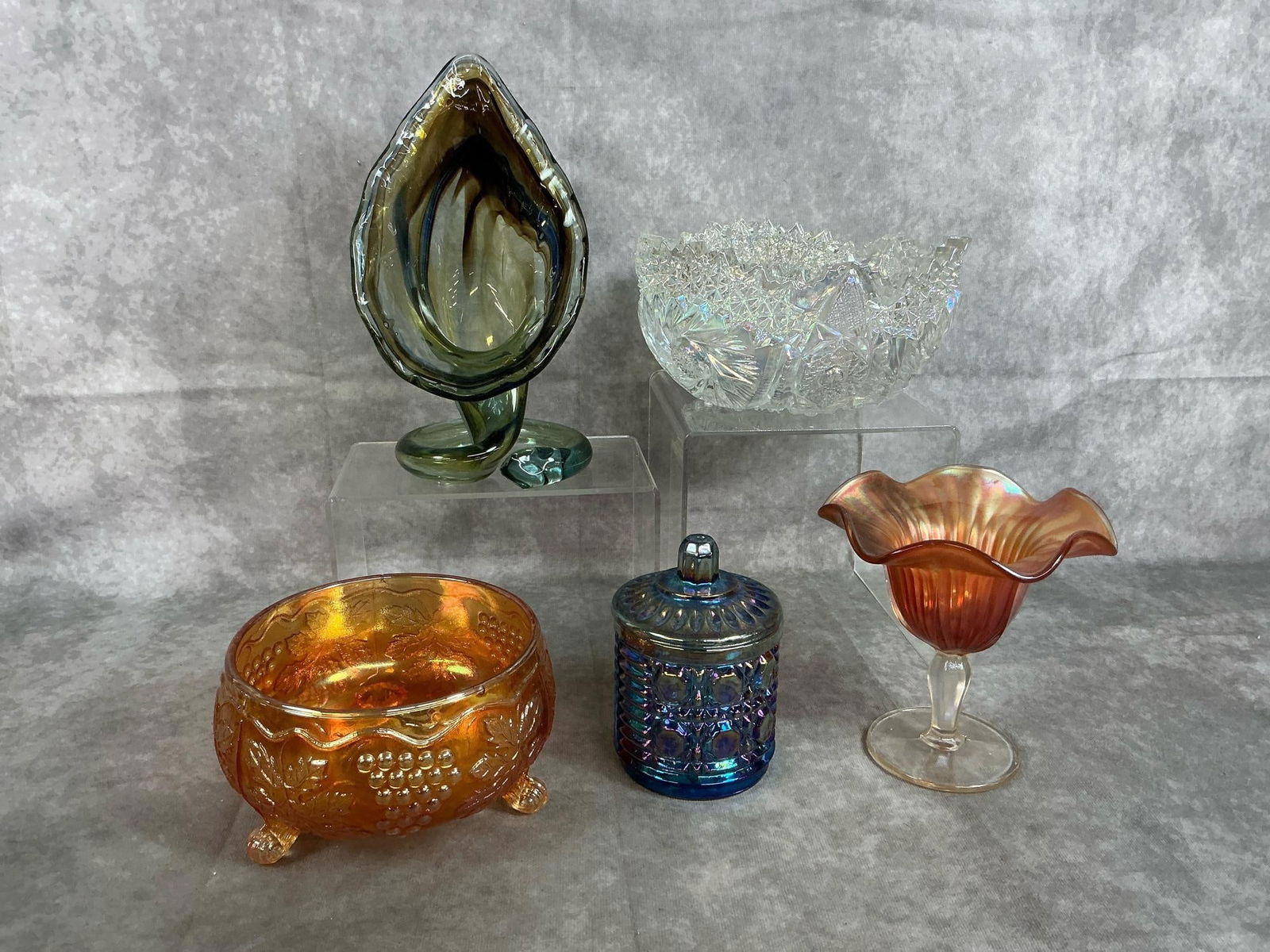 Crystal & Carnival Glass: Five mid century pieces. Iridescent LE Smith "Comet in the Stars" crystal bowl, and art glass brown and green vase with spiral base. Includes Marigold round footed candy dish, Indiana Carnival glass