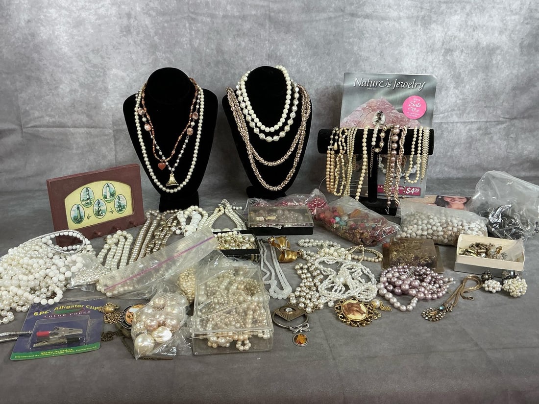 Pearls, Beads, and Jewelry Making: Large lot of mid century to modern jewelry. Pearl necklaces, bracelets, and beads of every shade, white to pink. Assortment includes beads, brooches, and earrings to be used in jewelry making.