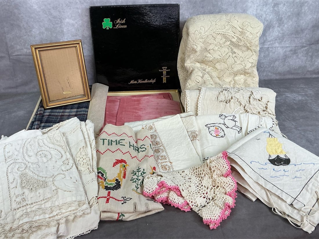Vintage Linens: Lot of mid century linens. Beige crocheted tablecloth, and table toppers and spreads, some embroidered. Includes dyed men's handkerchiefs, a Pendleton wool scarf, 5 x 7 picture frame, and more. A few