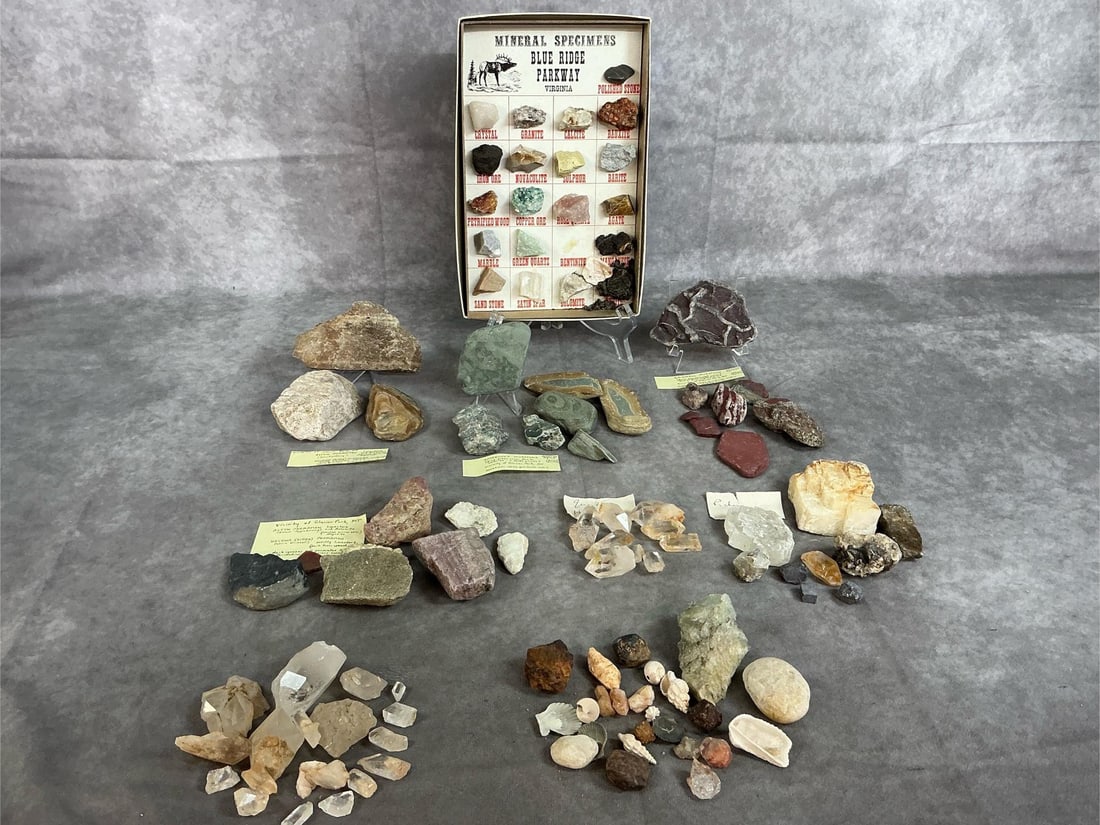 Rocks & Minerals from VA to Montana: Eighty rocks and minerals. Quartz crystals, mudstone, limestone, dolomite, and lots more. Grouped by area. Blue Ridge Parkway collection measures 6.5 inches wide x 1.25 x 10 inches tall.