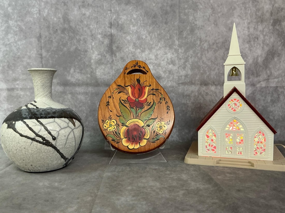 Raku Pottery Vase, Art Wall Placque, & Alpine Church: Three mid to late century pieces. Raku pottery vase by Brad Wagner, and Norwegian Rosemaling folk art plaque with initials of artist EJC. Includes Alpine Church with working light from 1960's. All in