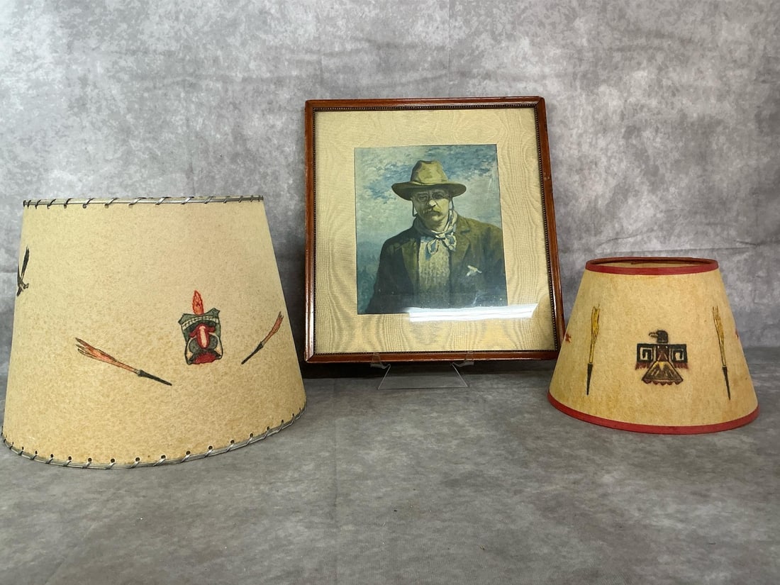 Theodore Roosevelt Print & Lampshades: Three mid century items. Framed picture of Theodore Roosevelt in western wear, and two Southwestern inspired lampshades, 8 inch diameter and a 12 inch diameter. Lampshades have stains but otherwise