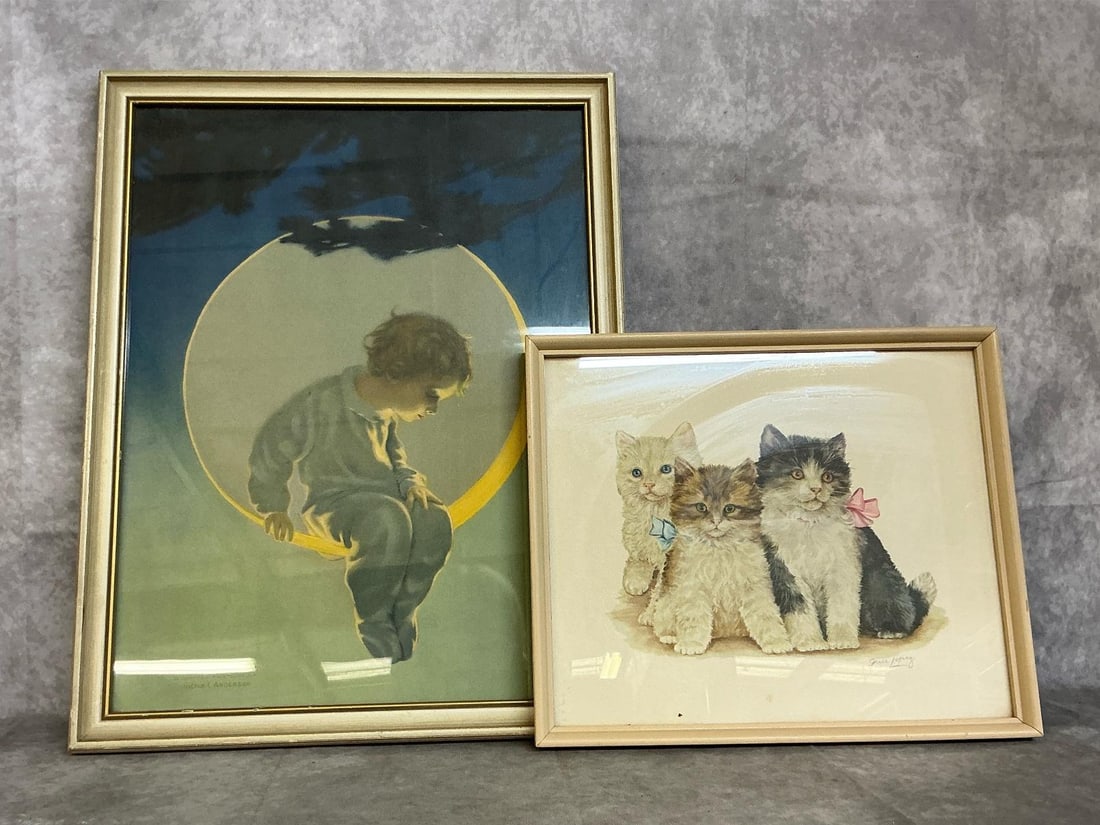 Boy in Moon & Kittens Print: 1906 Boy in Moon- Where Dreams are Made lithograph by Victor C Anderson. 1950's soft watercolors print by Grace Lopez. Both in good condition. Boy measures 14.5 inches wide x 18.5 inches tall.