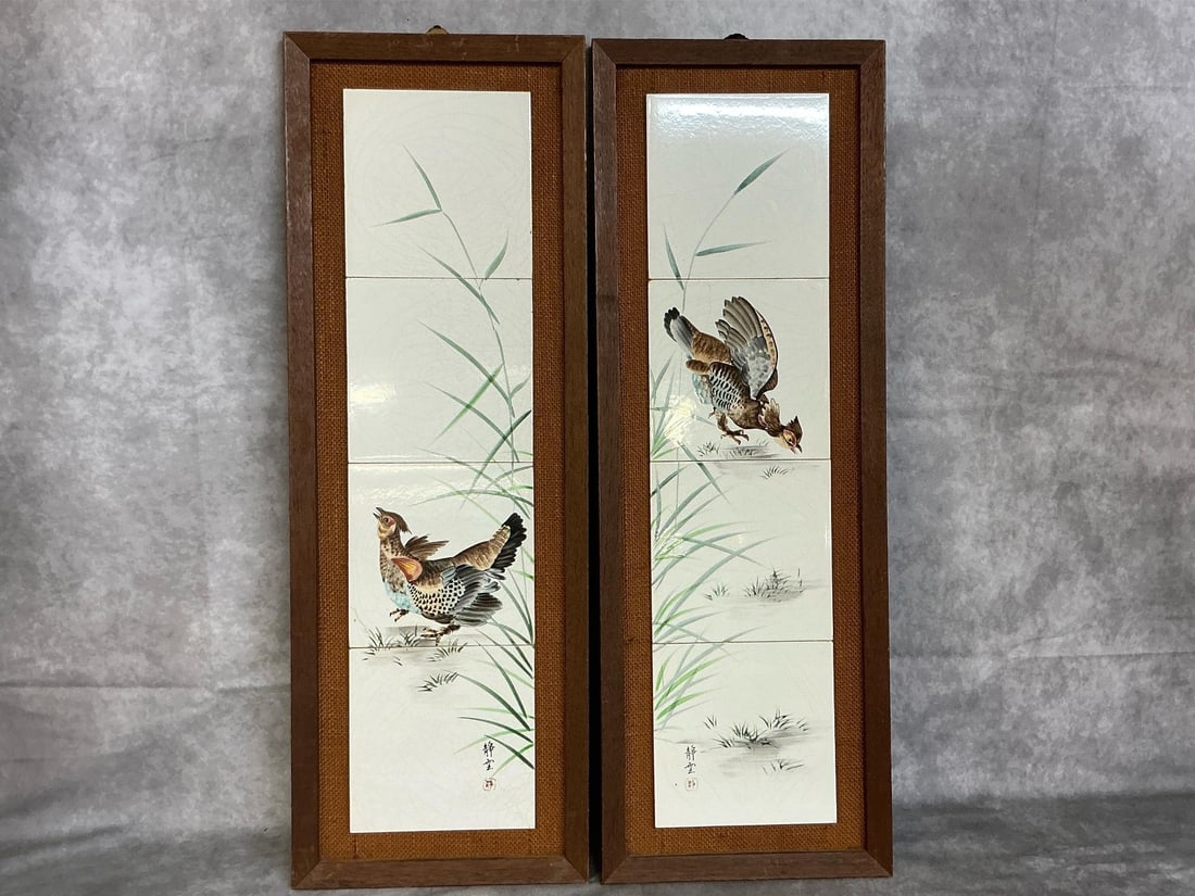 Framed Tile Art: Two mid century porcelain tile art pieces. Grouse game birds painted on tiles and inspired by John James Audebon. Quality Imports, Japan art in wooden frames. In good condition. Each measures 9.5