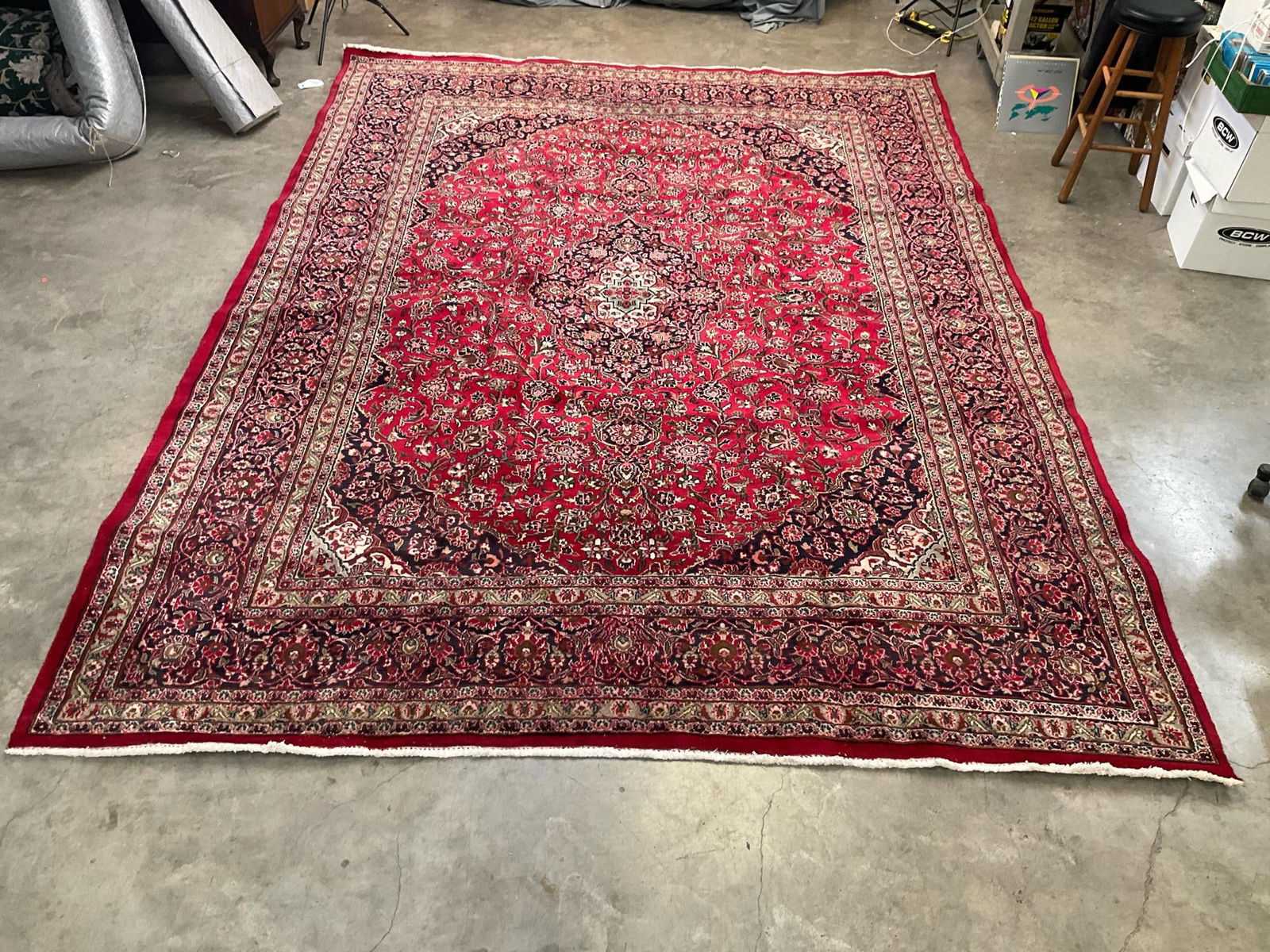 Persian Carpet: Late 20th century vintage Persian/Iranian Tabriz carpet made in Iran. Signs of wear commensurate with age and use. Good condition. Measures 112.25 inches width x 152 inches length.