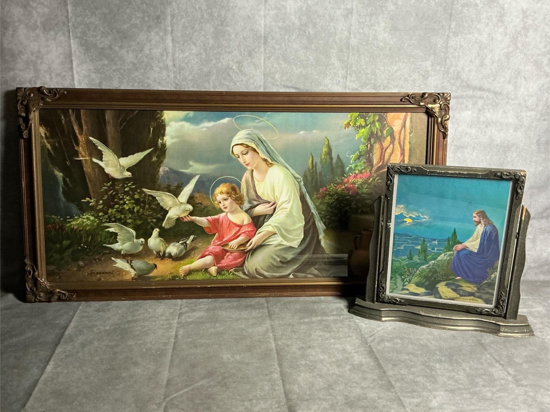 Christian Art: Two early 1900s pictures. Lithograph print by Giovanni of Virgin Mary and Baby Jesus with doves. Standing wooden frame with print of Jesus at the Mount of Olives. Standing frame is worn and