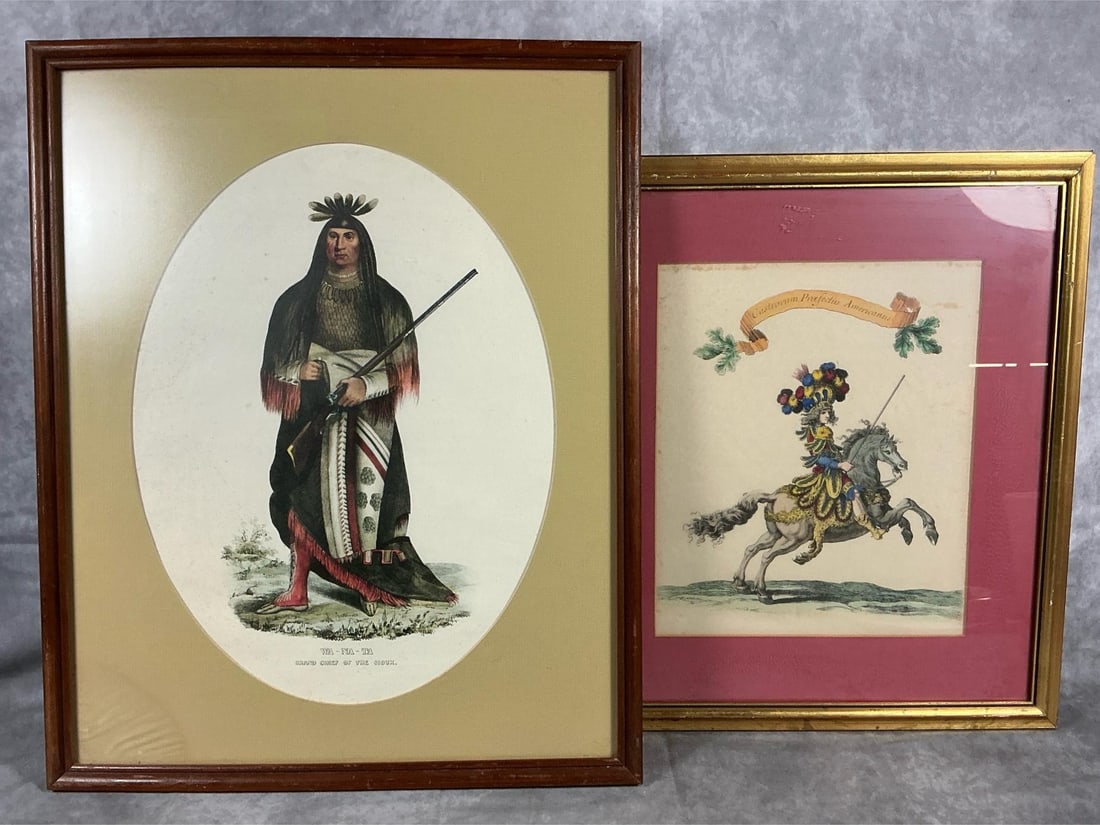 Historical Prints: Two mid century prints. Lithograph of "Wa-Na-Ta, Great Chief of the Sioux" by Charles Bird King. Also, print of French Equestrian Tournament rider. Both are slightly soiled and faded with age,