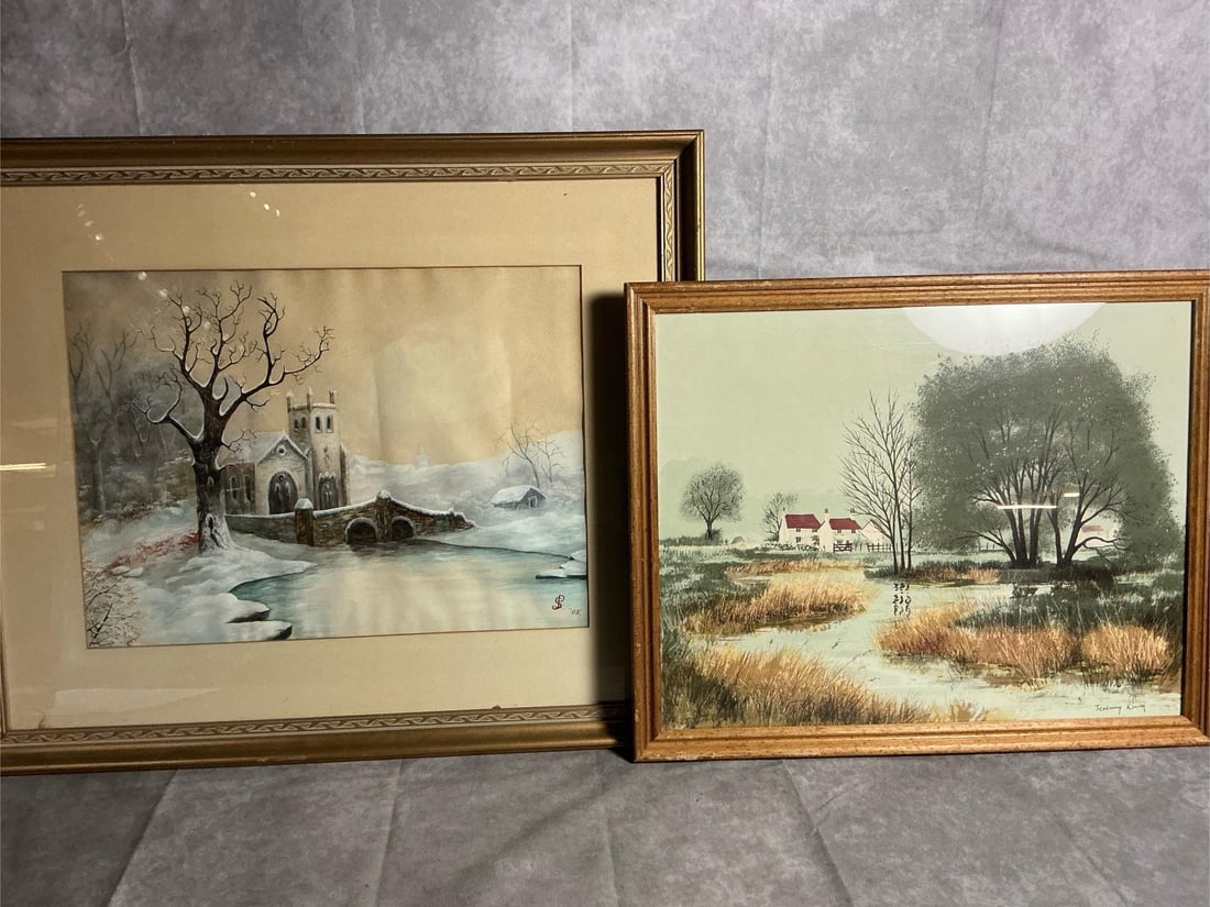 Farm & Church Prints: Two prints from late 1900s to 2008. Farm print titled "A Cheshire Stream" by Jeremy King, and "Winter on Tara" by Eiffe. Church print shows some signs of age, otherwise lithograph prints are in good