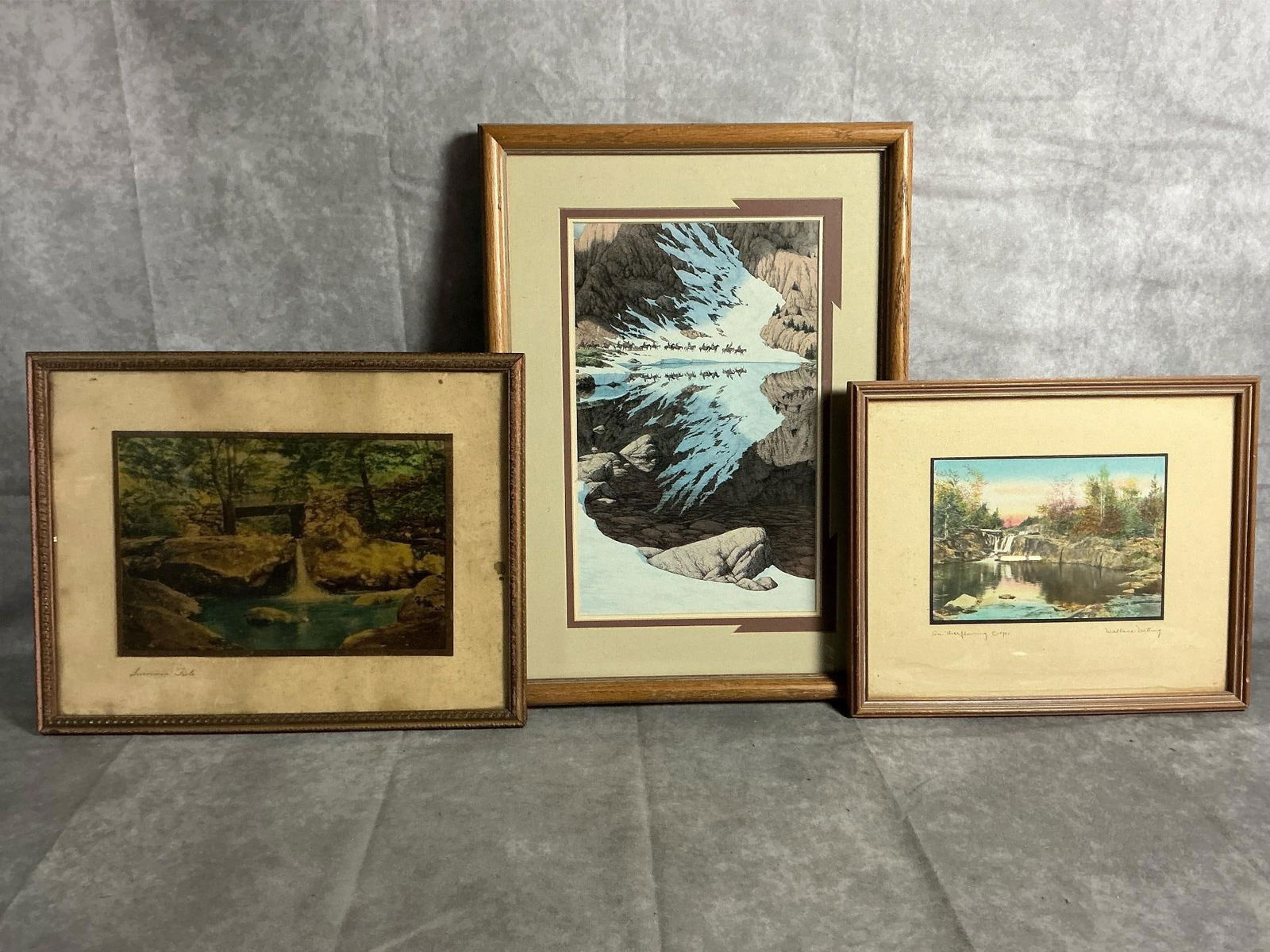 Collectible Art: Three early to mid 1900s pictures. "Season of the Eagle" print by Bev Doolittle, "An Overflowing Cup" by artist, Wallace Nutting, and "Swimmin Hole" picture. Eagle print is in good condition, the