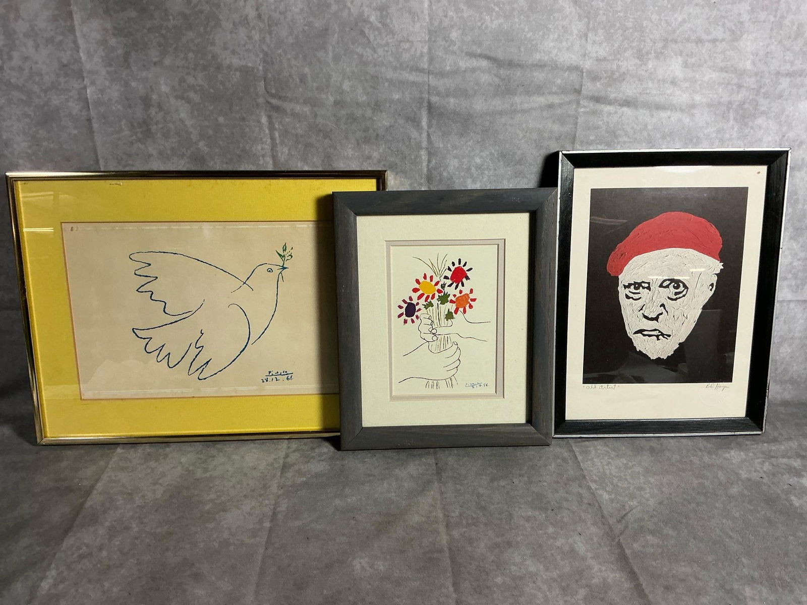 Picasso Prints & Artist Picture: Three mid century prints. Two well known Pablo Picasso prints- "Dove of Peace" and "Bouquet of Peace". Includes "Old Artist" by Bob Harper. Dove print measures 6.25 inches wide x 1 x 12.25 inches
