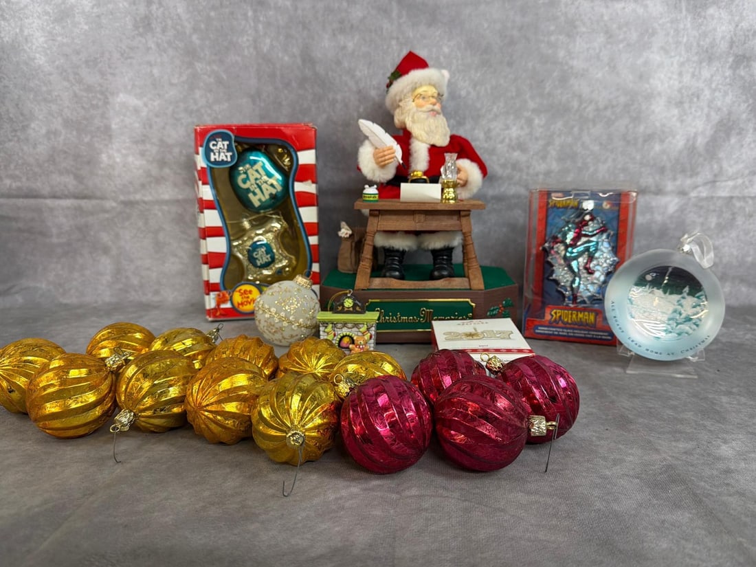 Christmas Ornaments & Santa: Five themed Christmas ornaments still in original box, assortment of plastic ball ornaments and Santa music player. All in good condition with Santa untested. Santa measures 9 inches wide x 12.5