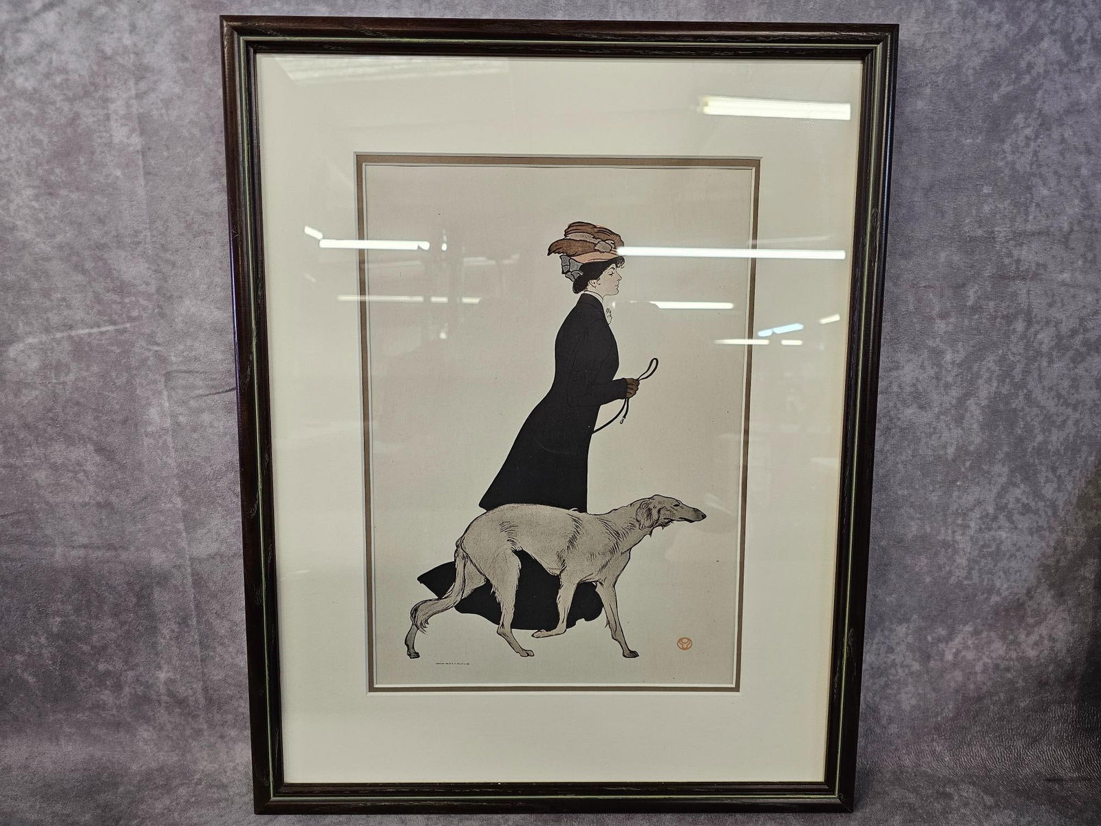 Art Deco Prints: Two framed modern prints of Art Deco period publishing. "The Morning Stroll" from Collier and Son, Woman with a greyhound by Erte. Also includes a vintage hand drawn watercolor of a house in the