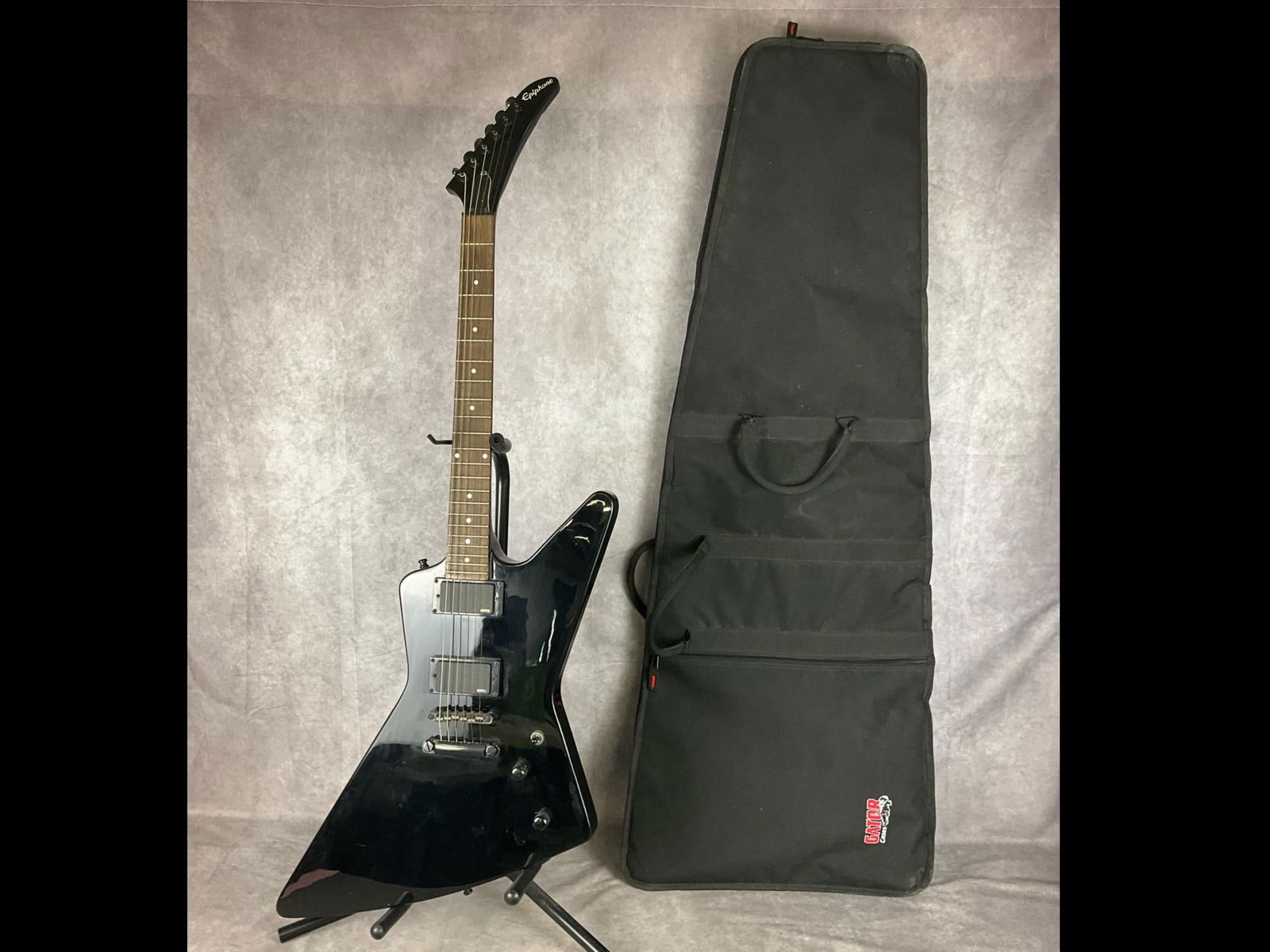 Gibson Epiphone Explorer EX Electric Guitar: Gibson 1984 explorer ex z shaped body from mahogany black gloss finish with dirty diesel sticker six string electric guitar. Hockeystick headstock, black die cast tuners, three way selector switch, tw