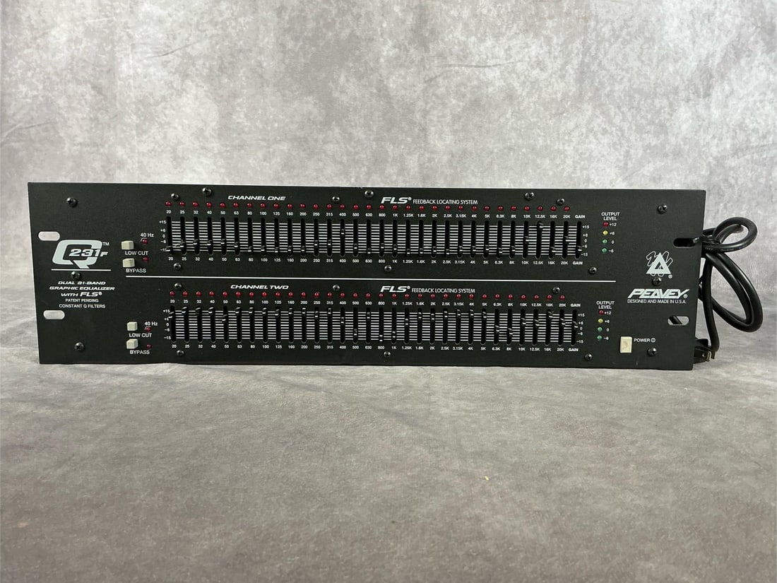 Peavey Q 231F 31 Band Graphic Equalizer: Model Q 231F. Serial number 09825790. Two channels, feedback locating system. Good used condition, few scratches on bottom. Untested. Measures 19 inches wide x 10 x 5 inches tall.