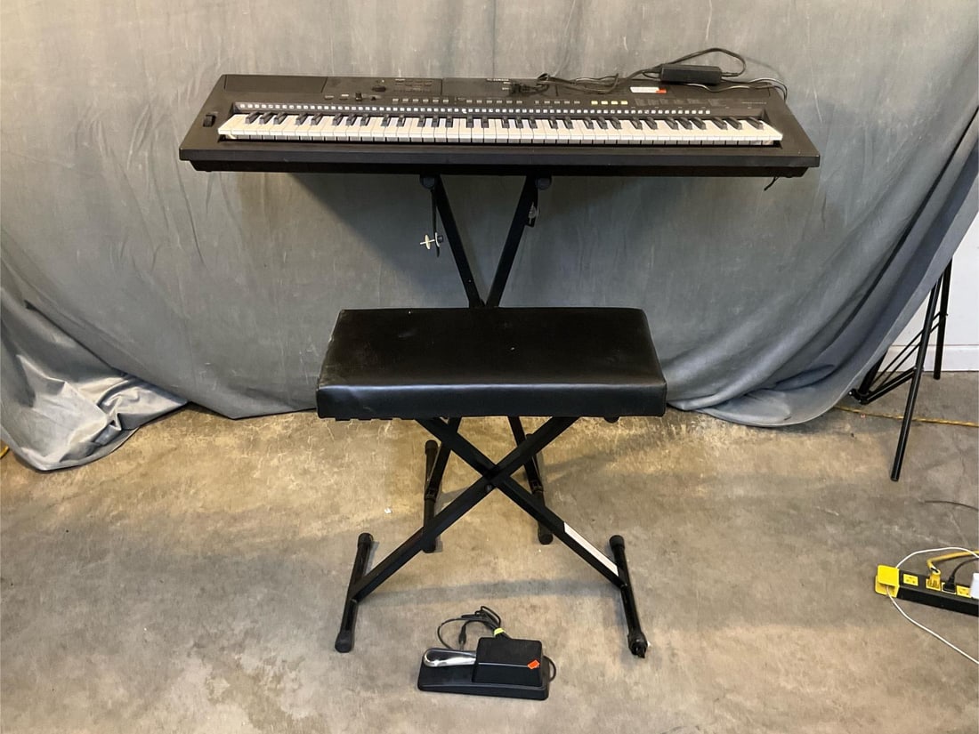 Yamaha Keyboard: Yamaha PSR-EW410 Full Size Keyboard W/Yamaha Piano Foot Pedal, Stand and Bench. Powers on and works. One plastic end cap missing on the bench foot. Good condition. Piano measures 46.25 x 16 x 3 inches