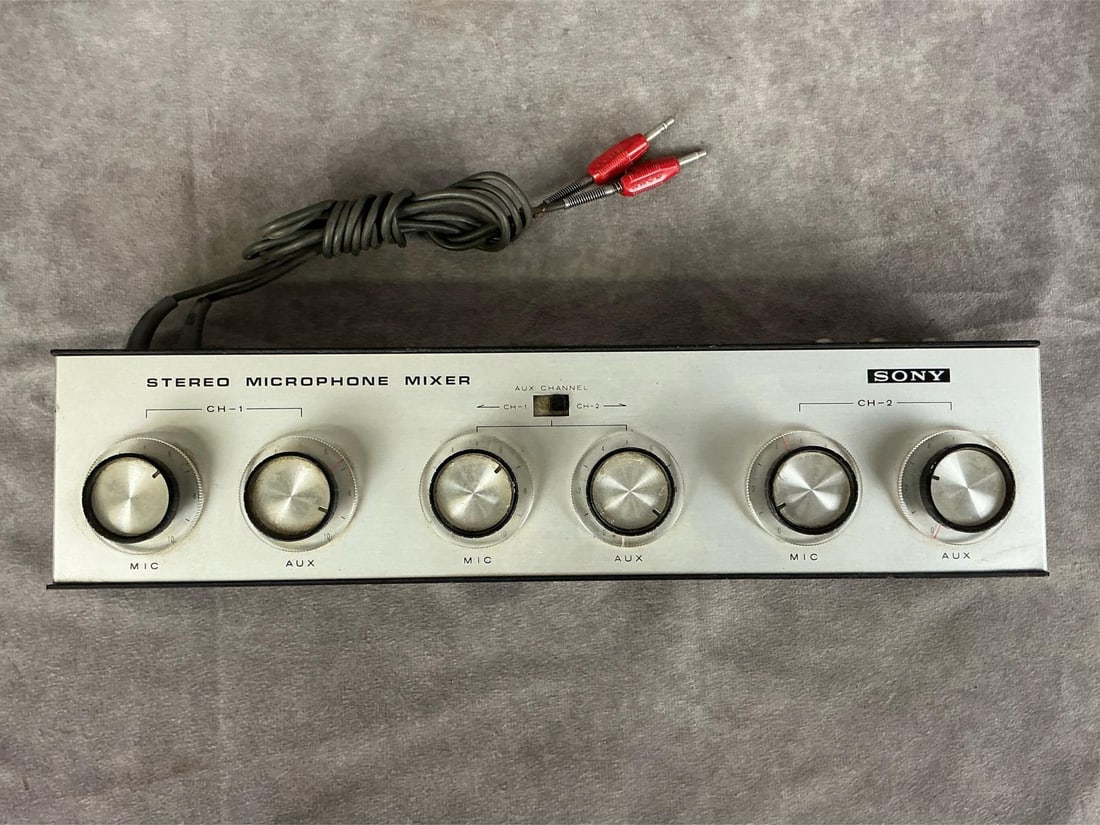 Vintage Sony Stereo Mic Mixer: Model mx-6s. No visible serial number. Good used condition, untested. Measures 14 inches wide x 3 x 2 inches tall.