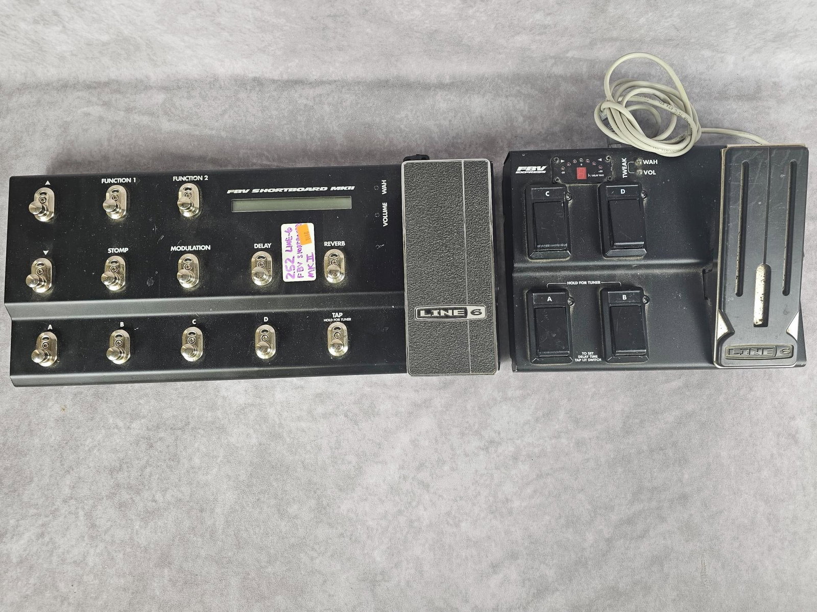 Line-6 FBV Shortboard: FBV Shortboard MKII and FBV Express pedal board, both made by Line-6. Both in used condition, untested. Largest measures 19 inches long x 8.25 inches tall.