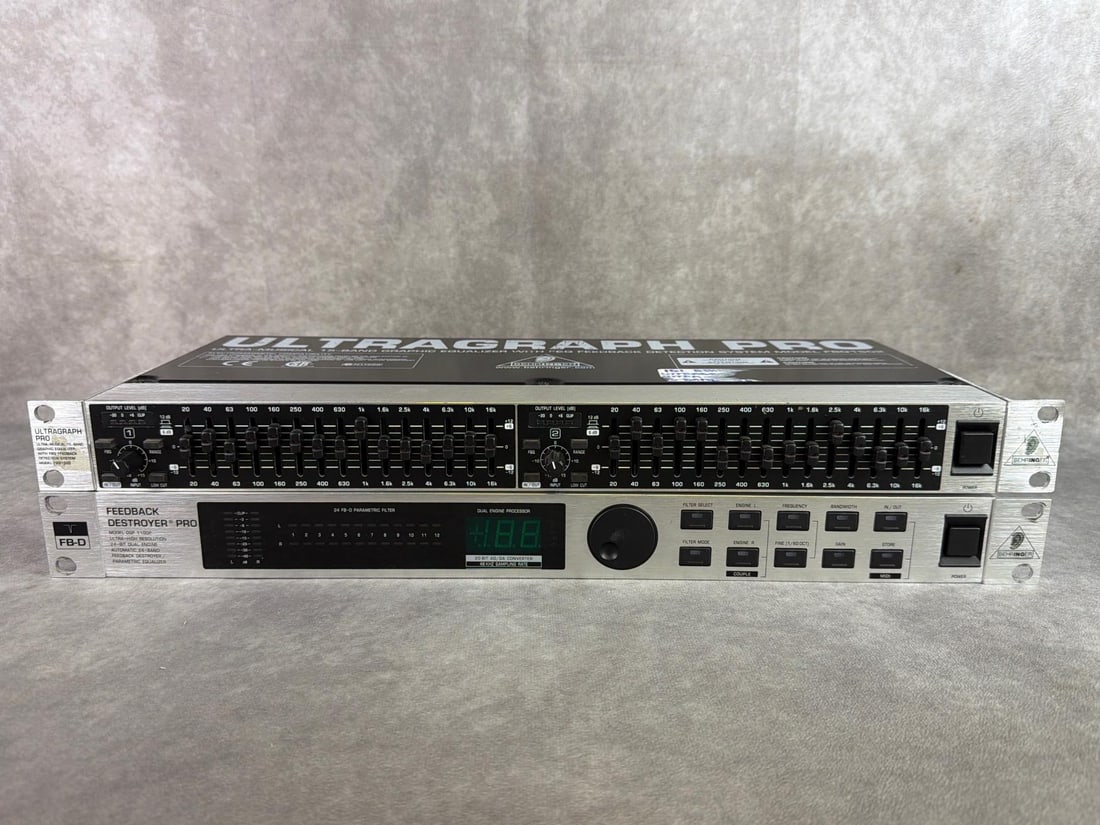 Behringer: Behringer Ultragraph Pro, 15 band graphic equalizer with FBQ feedback detection and Behringer feedback destroyer pro, 24 bit dual engine automatic feedback destroyer. Both in good untested condition.