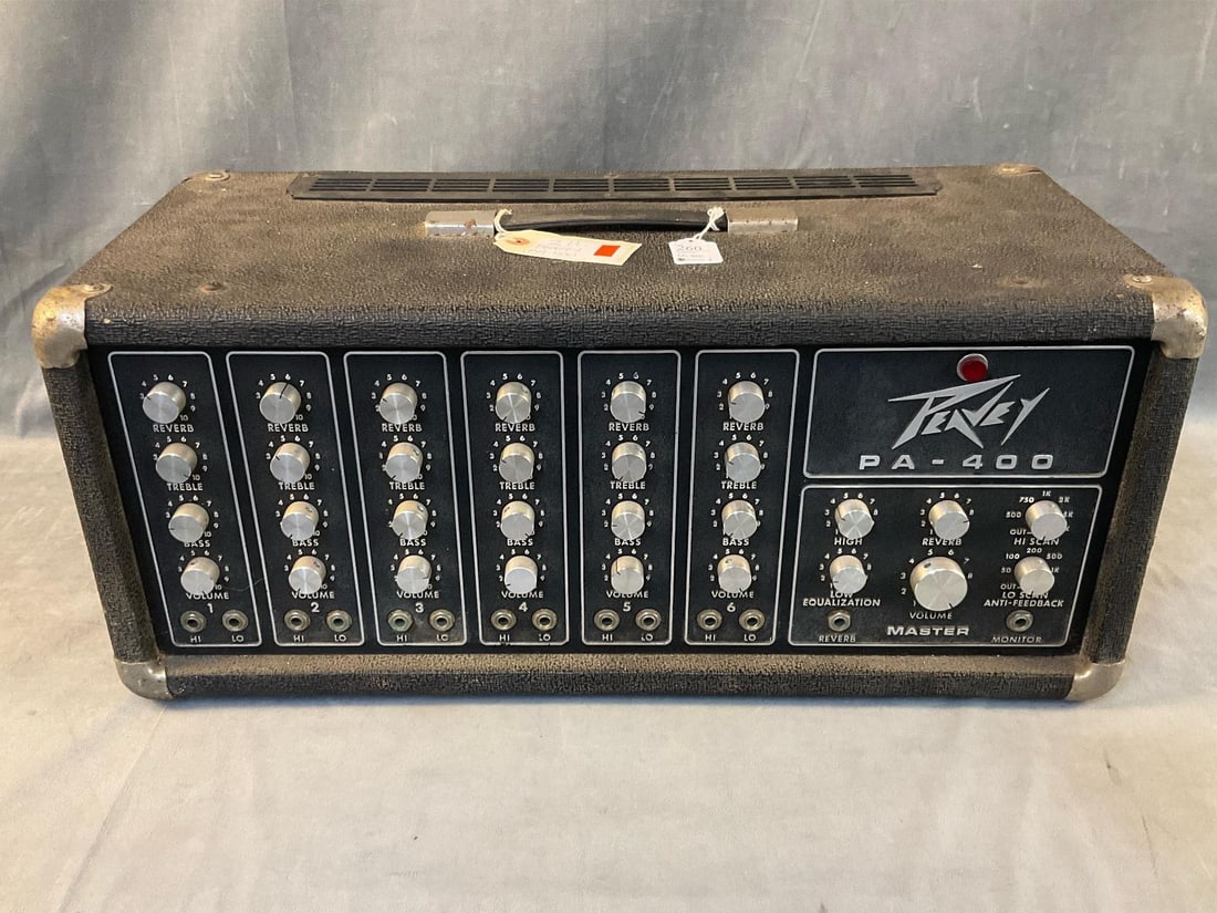 Peavey PA: Peavey PA - 400. Serial Number; 4A-05490. Repairs to electrical cord with electrical tape. Does not power on. Measures 24 inches wide x 11.25 x 10.5 inches tall.