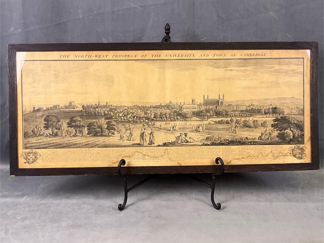 Cambridge University Engraving Print: 1743 copper plate engraving titled, “The North - West Prospect Of The University, And Town Of Cambridge “ published by brothers Samuel (1696 - 1779) and Nathaniel Buck (1727 - 1753). Engraved