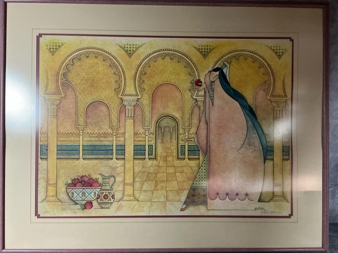 La Dama de Granada Print: Mid century lithograph. La Dama de Granada by G E Mullan. Signed print matted and in pale pink frame. In good condition. Measures 39 inches wide x .75 x 30 inches tall.