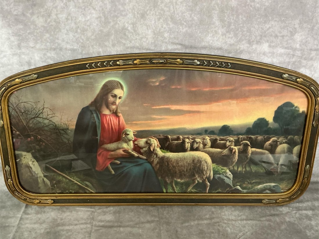 Jesus Tending His Sheep: Early 1900s art. Picture of Jesus with sheep in field, framed in curved ornate frame. Good condition. Measures 32 inches long x 1 x 16 inches tall.